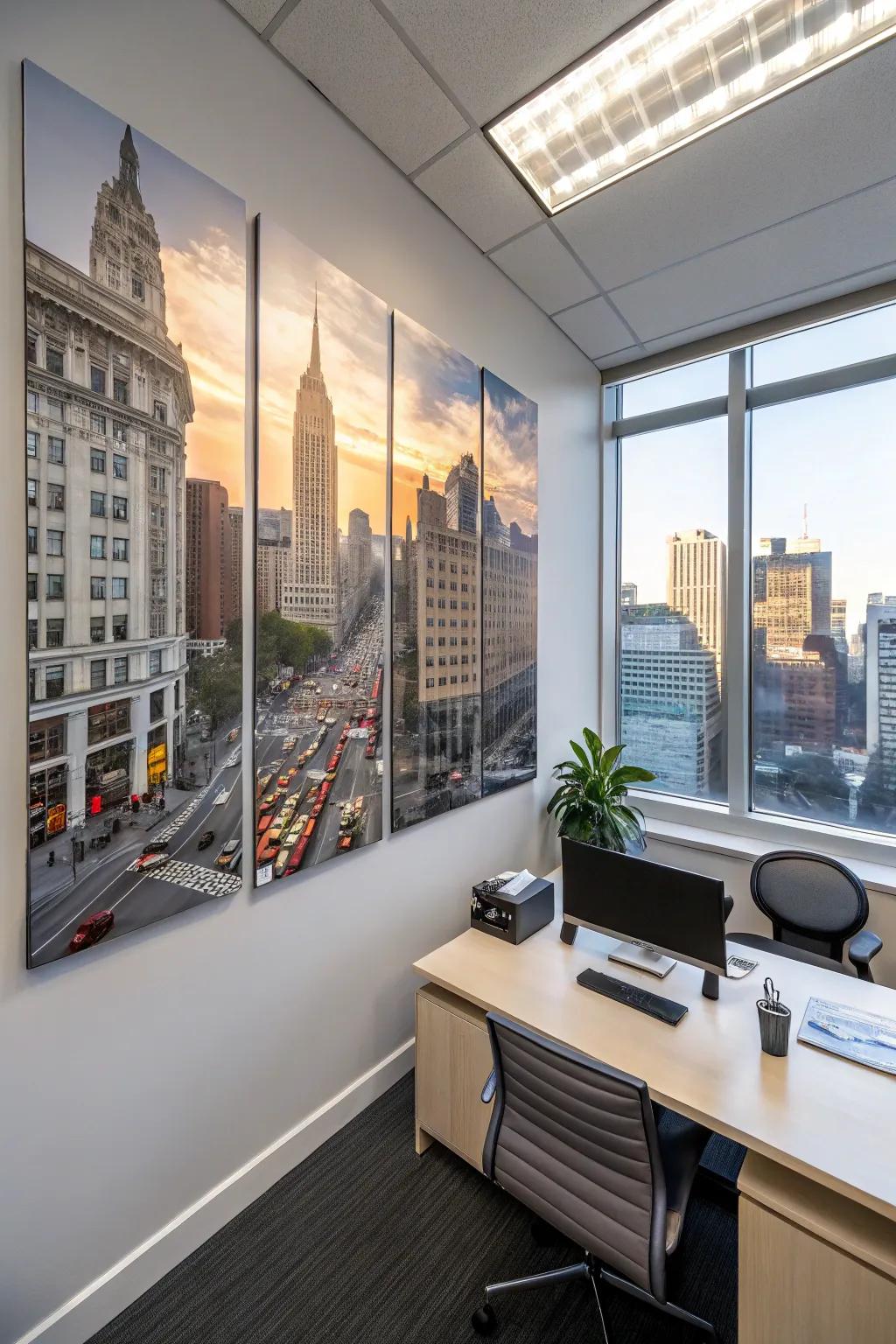 An inspiring city painting across several canvases, which inspires creative thinking inside the office.