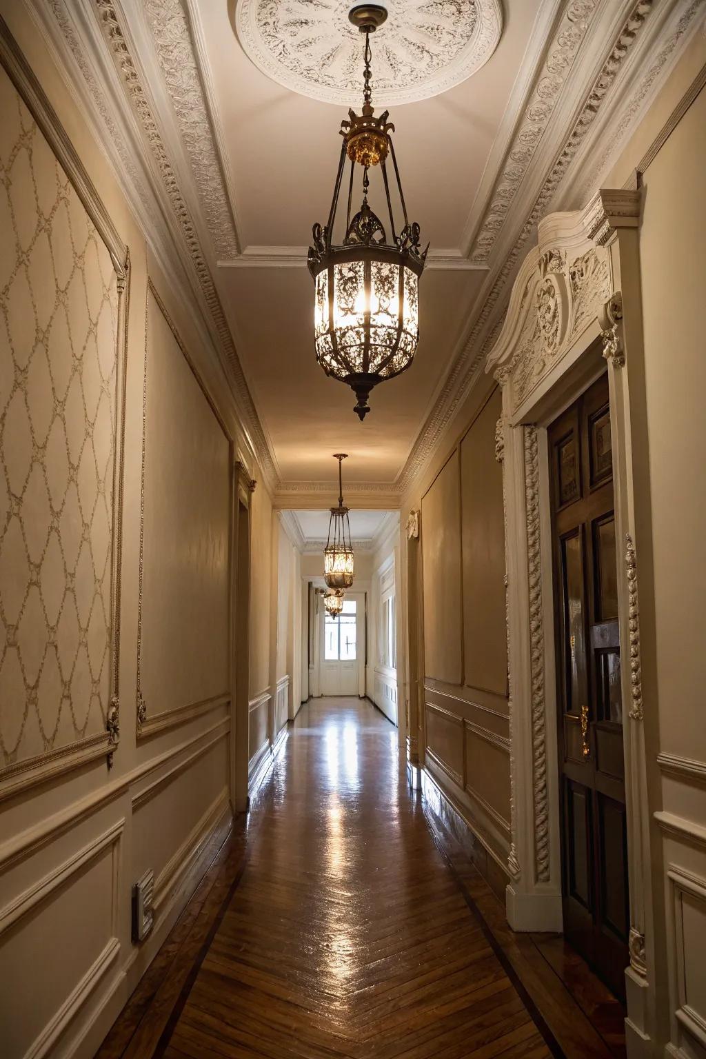 A chandelier infuses a trace of elegance into slender hallways.