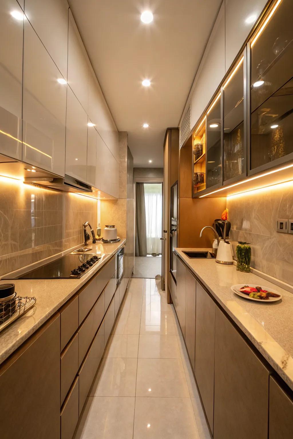Reflective surfaces enhance light and space in a small kitchen.