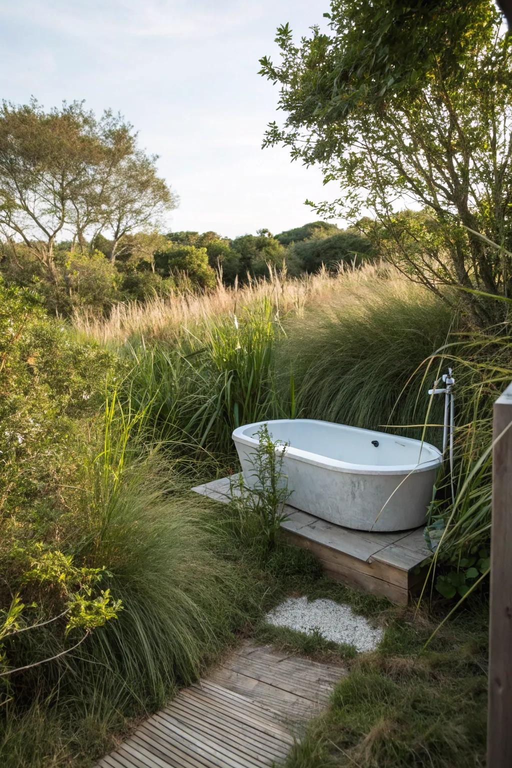 Achieve natural privacy with plants encircling your outdoor tub.