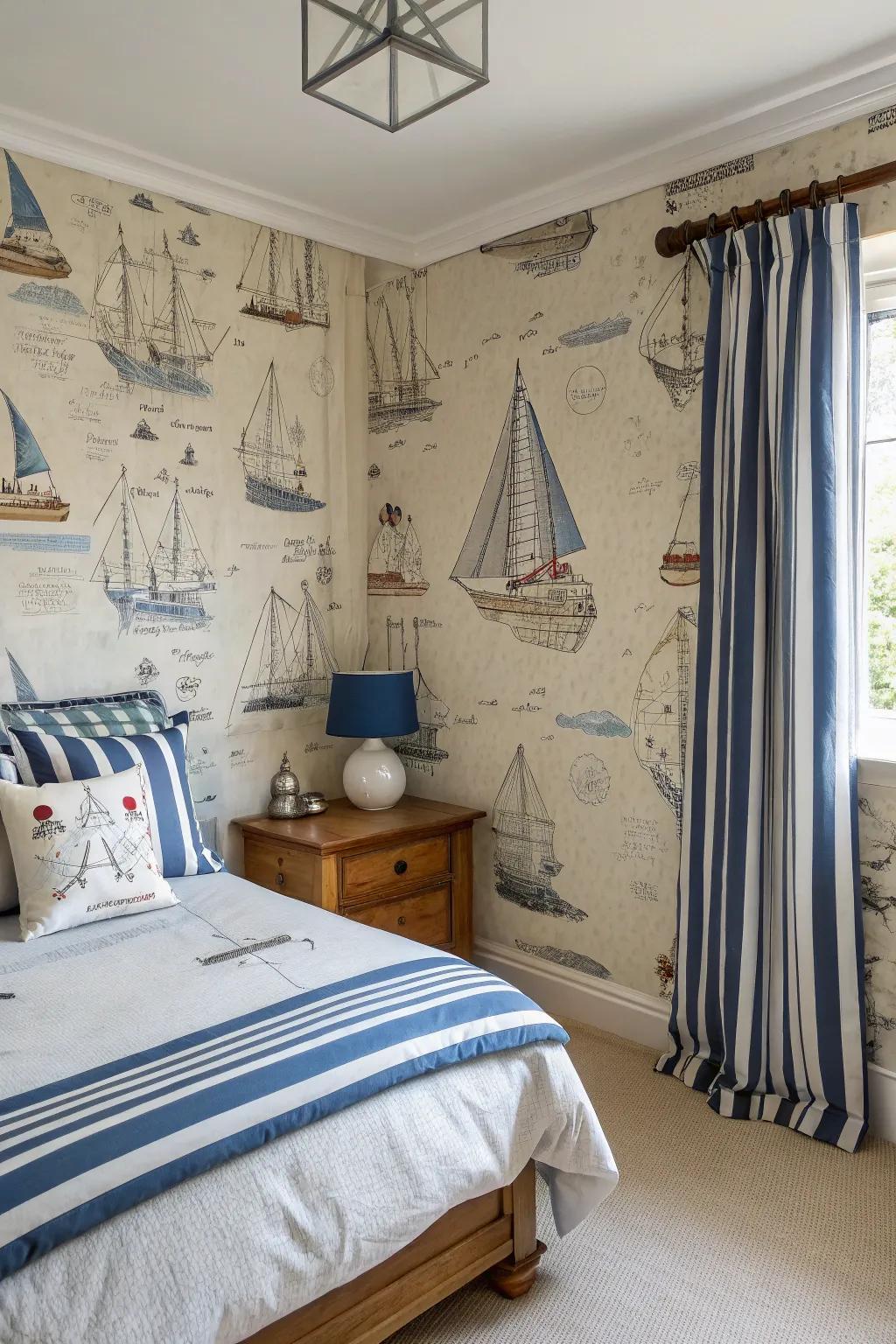 Nautical wallpaper provides a picturesque focal point.