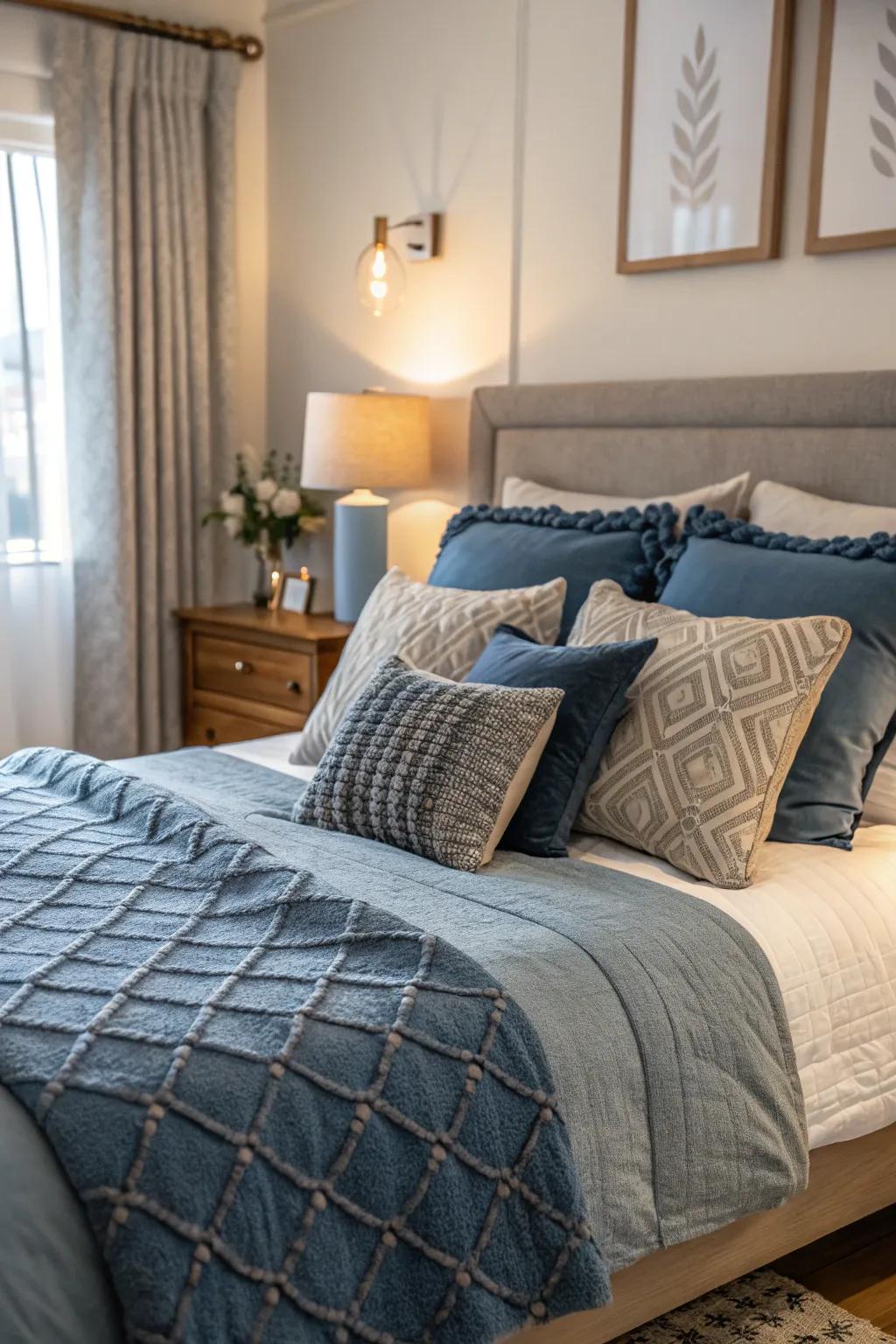 The blue scatter cushions add a vibrant pop of color that enlivens the serene grey bedroom.
