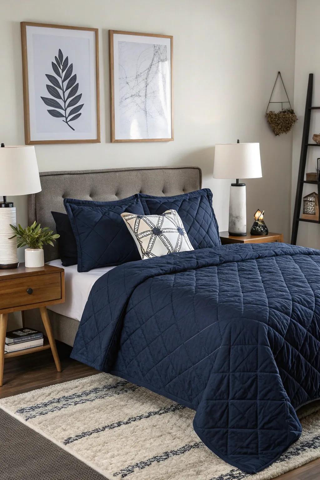 Make a statement with monochrome dark blue bedding.
