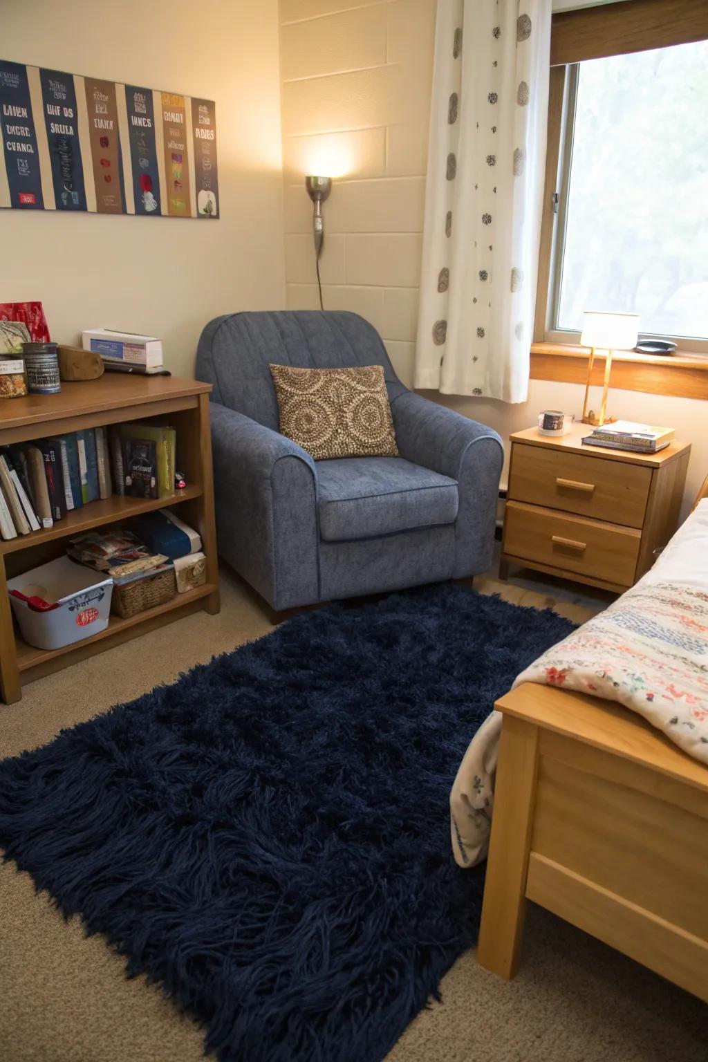 Add coziness to your dorm using a soft navy rug.