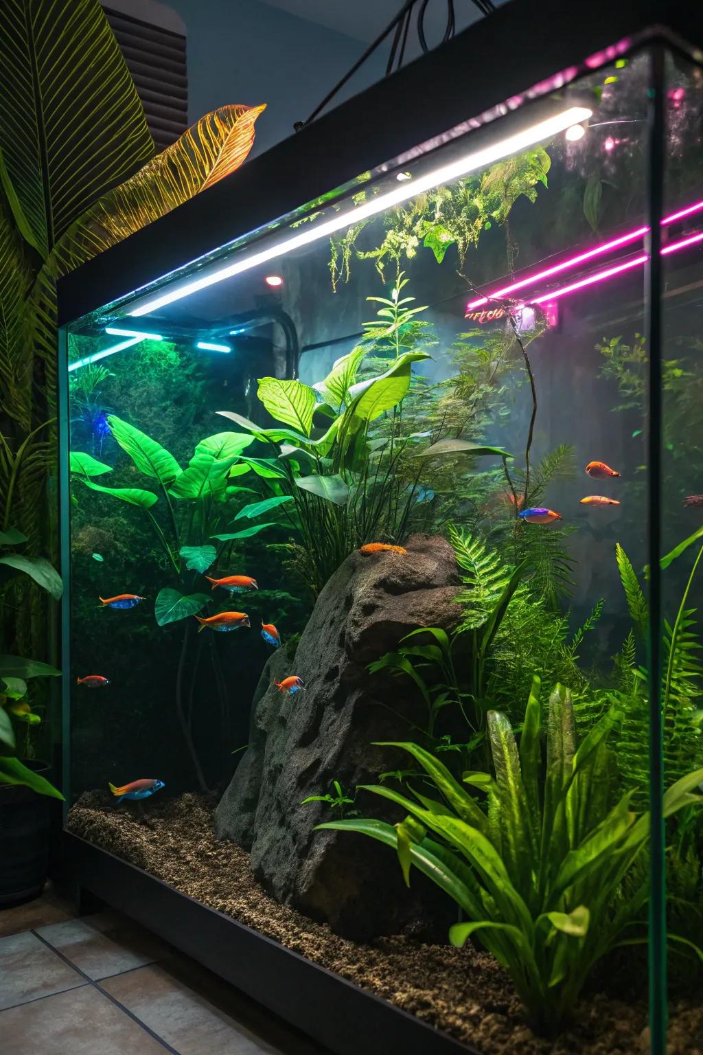 A verdant atmosphere is crafted by mixing fluorescent and natural greenery.