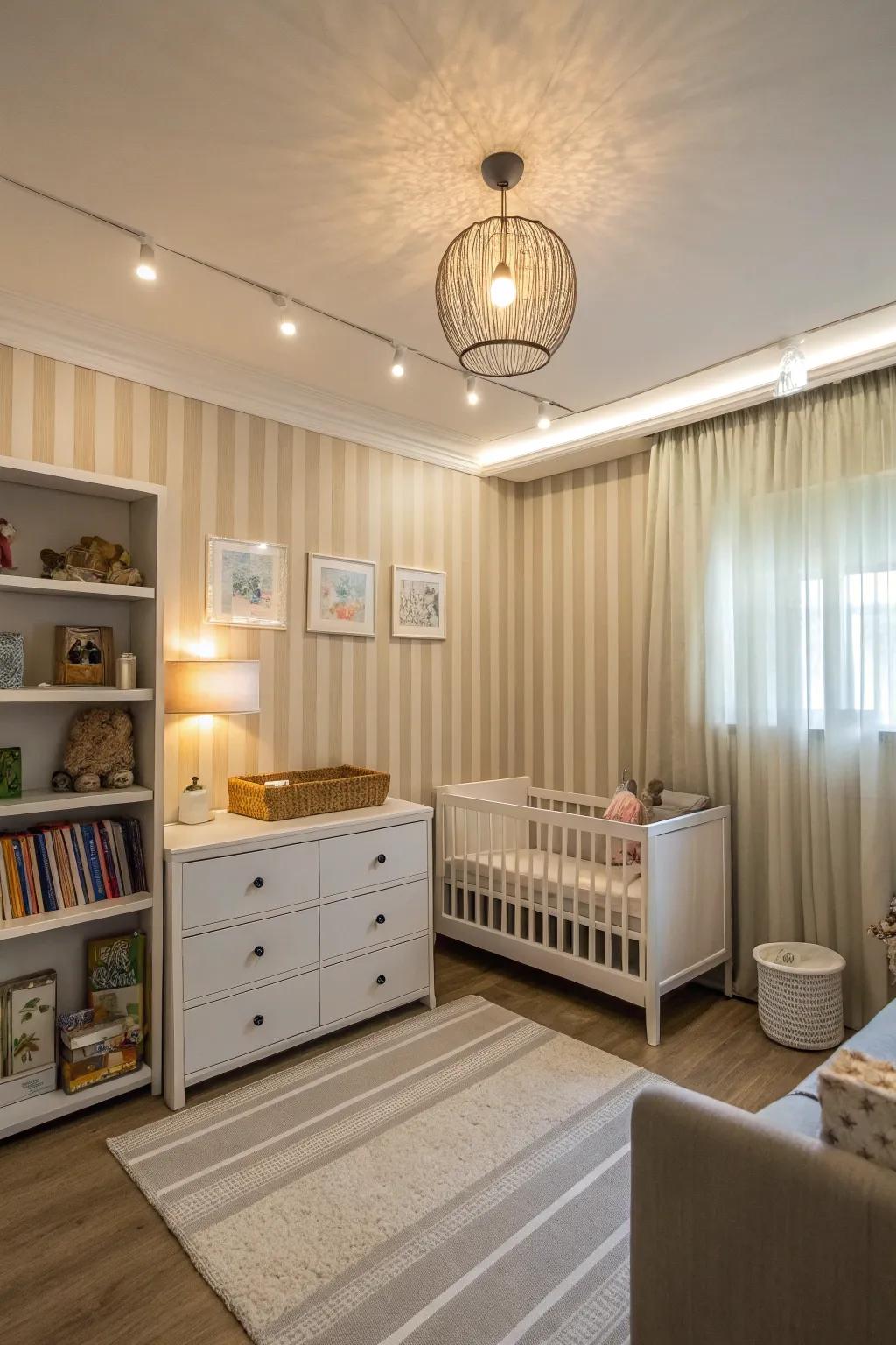 A nursery accented with subtle banded patterns.