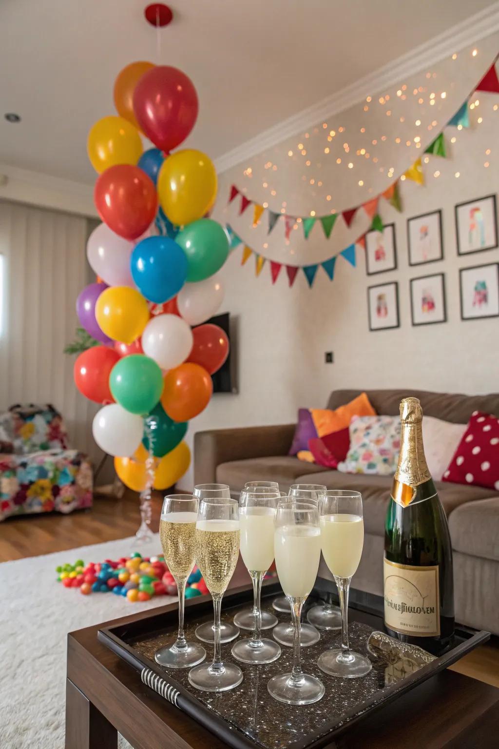 Balloon champagne glasses, a quirky element for any New Year’s Eve gathering.