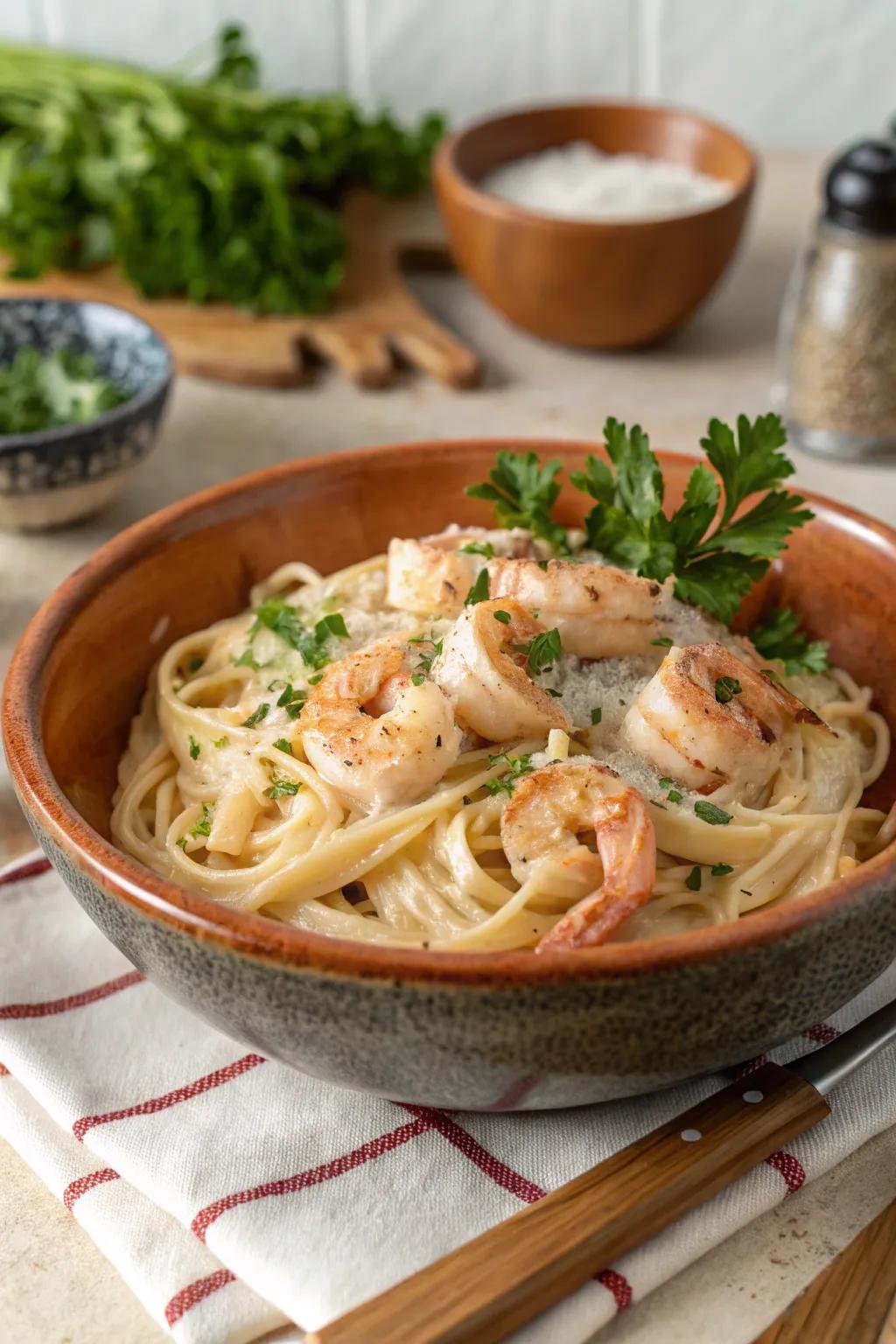 A decadent Deluxe Cheese Shrimp Pasta, perfect for an indulgent New Year's Day dinner.