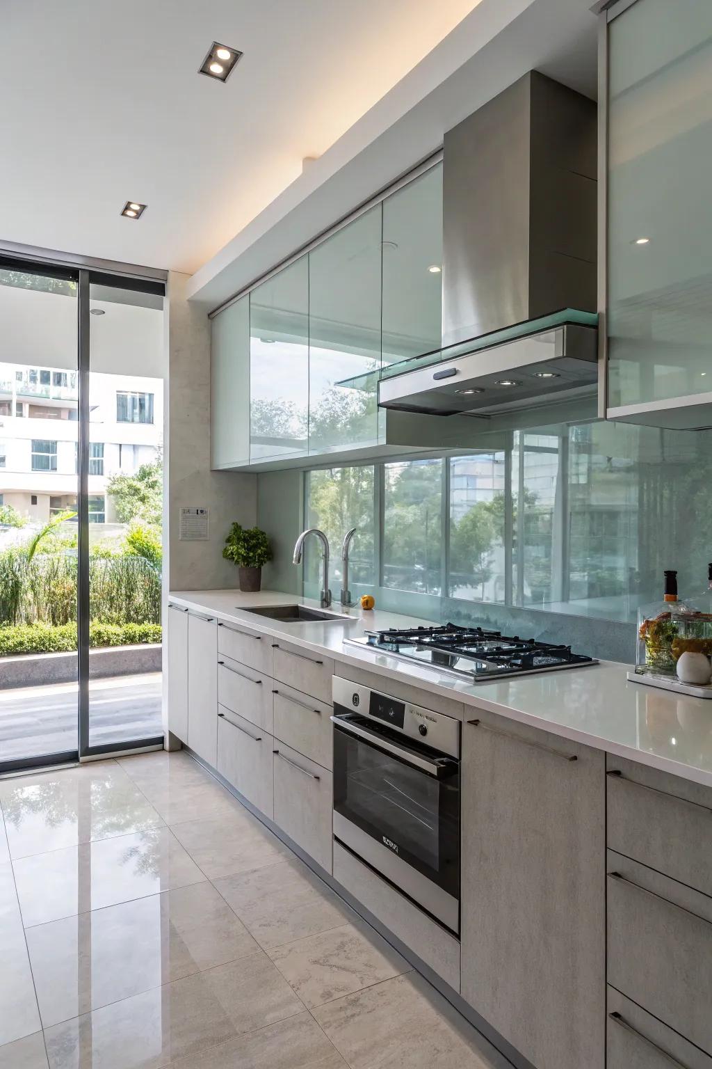 Glass panel backsplashes give a modern and airy sensation, along with easy cleaning.