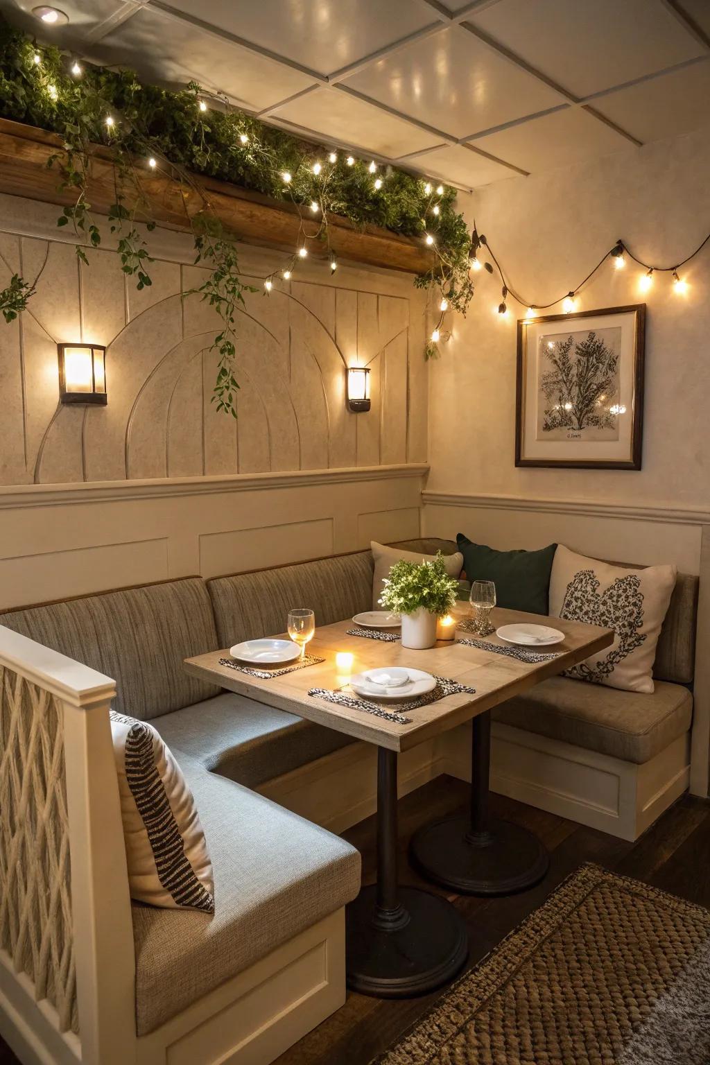 Savor meals in a cozy dining nook, complete with custom seating and a welcoming ambiance.