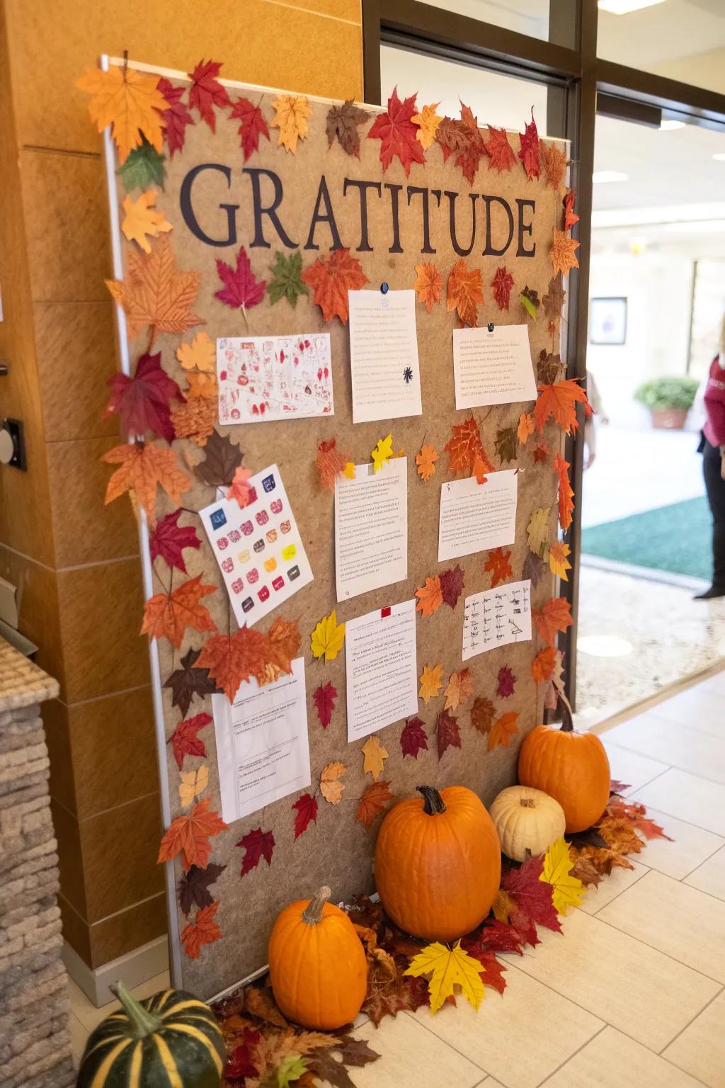 A 'Grateful Hearts' bulletin board.