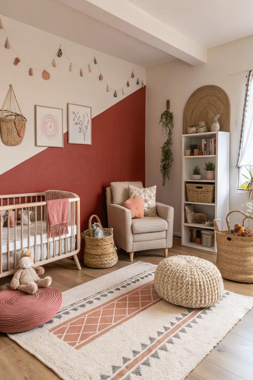 A nursery featuring earthy red accents for added warmth.