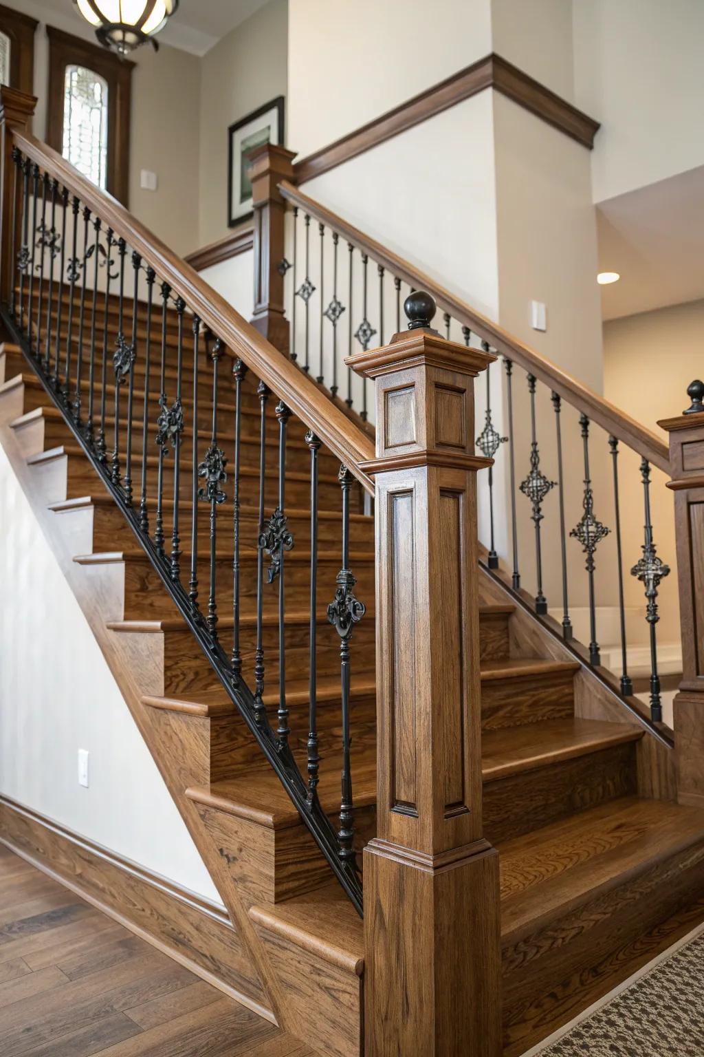 A unique blend of metal and oak in staircase balusters.