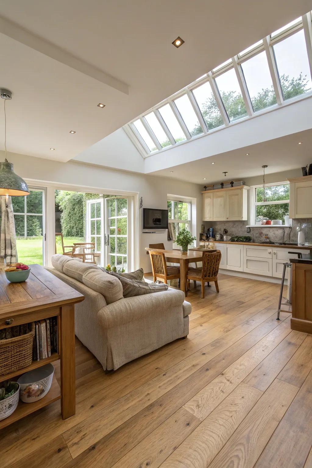 An open design enhances the spacious feel of light oak flooring.