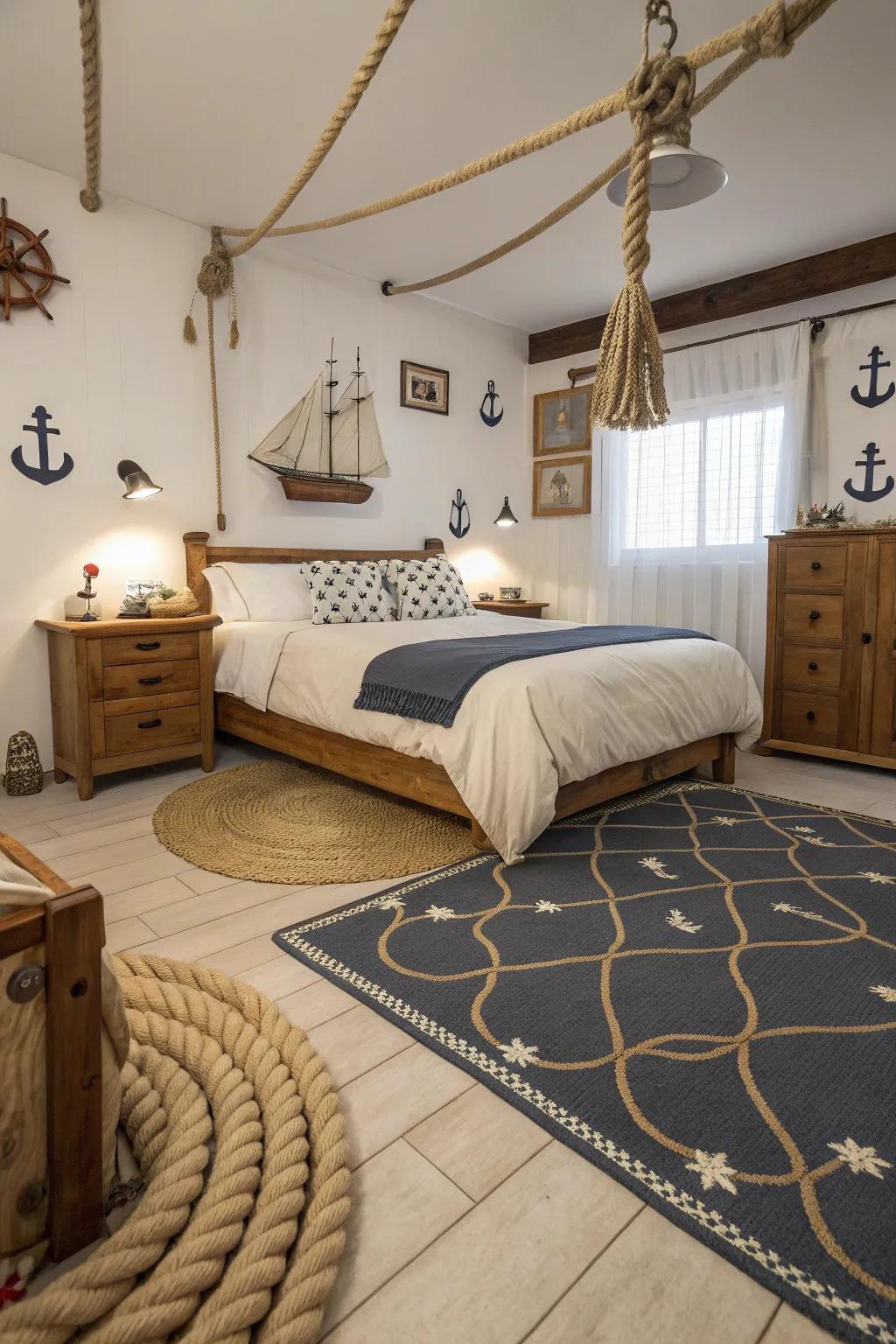 Cord accents bring an authentic nautical touch to your bedroom decor.
