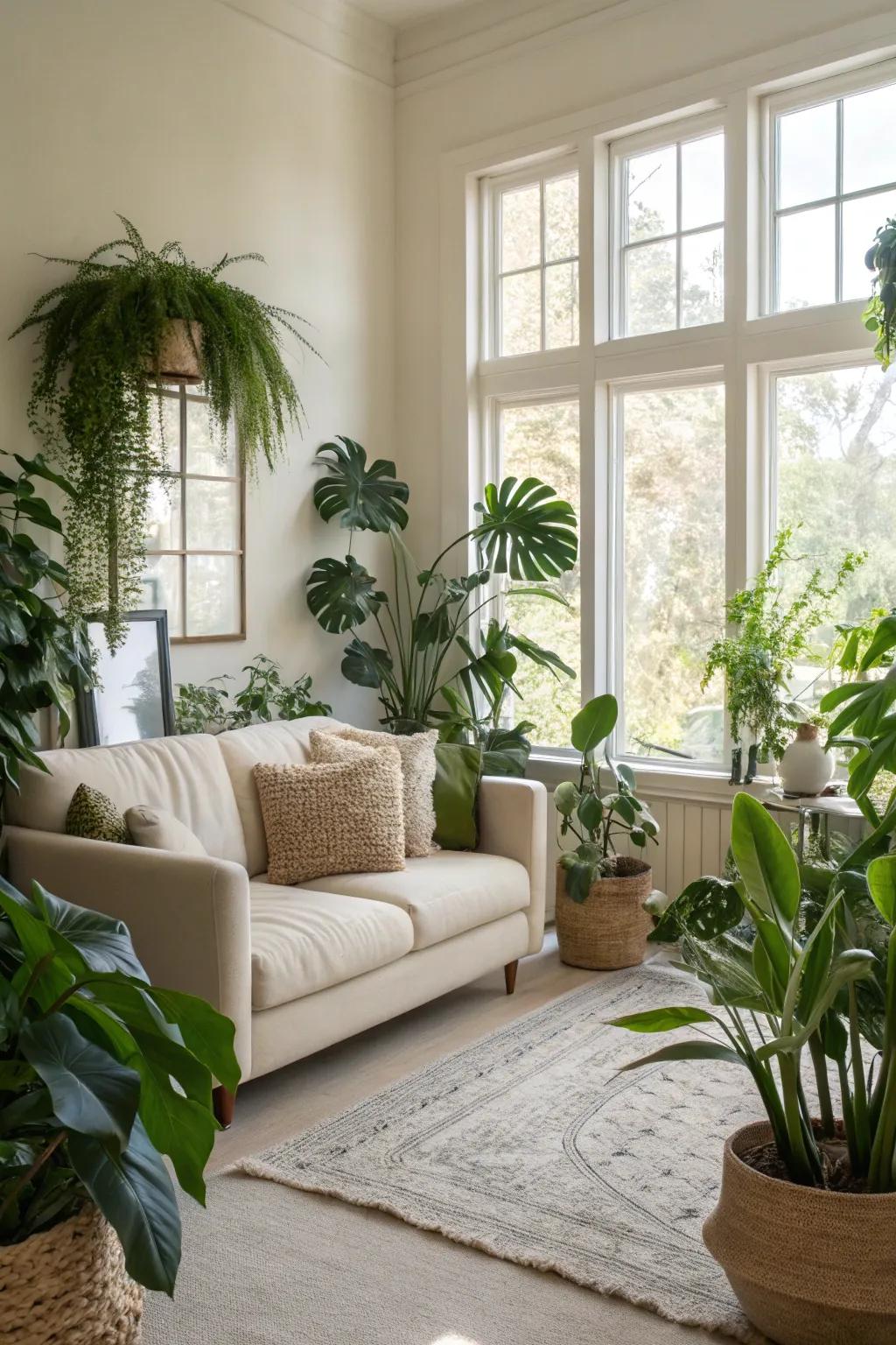 Greenery introduces life and freshness to an off-white living room.