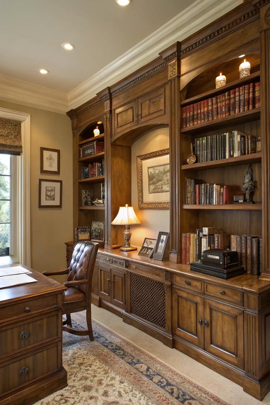 Classic sophistication with rich wooden bookshelves.