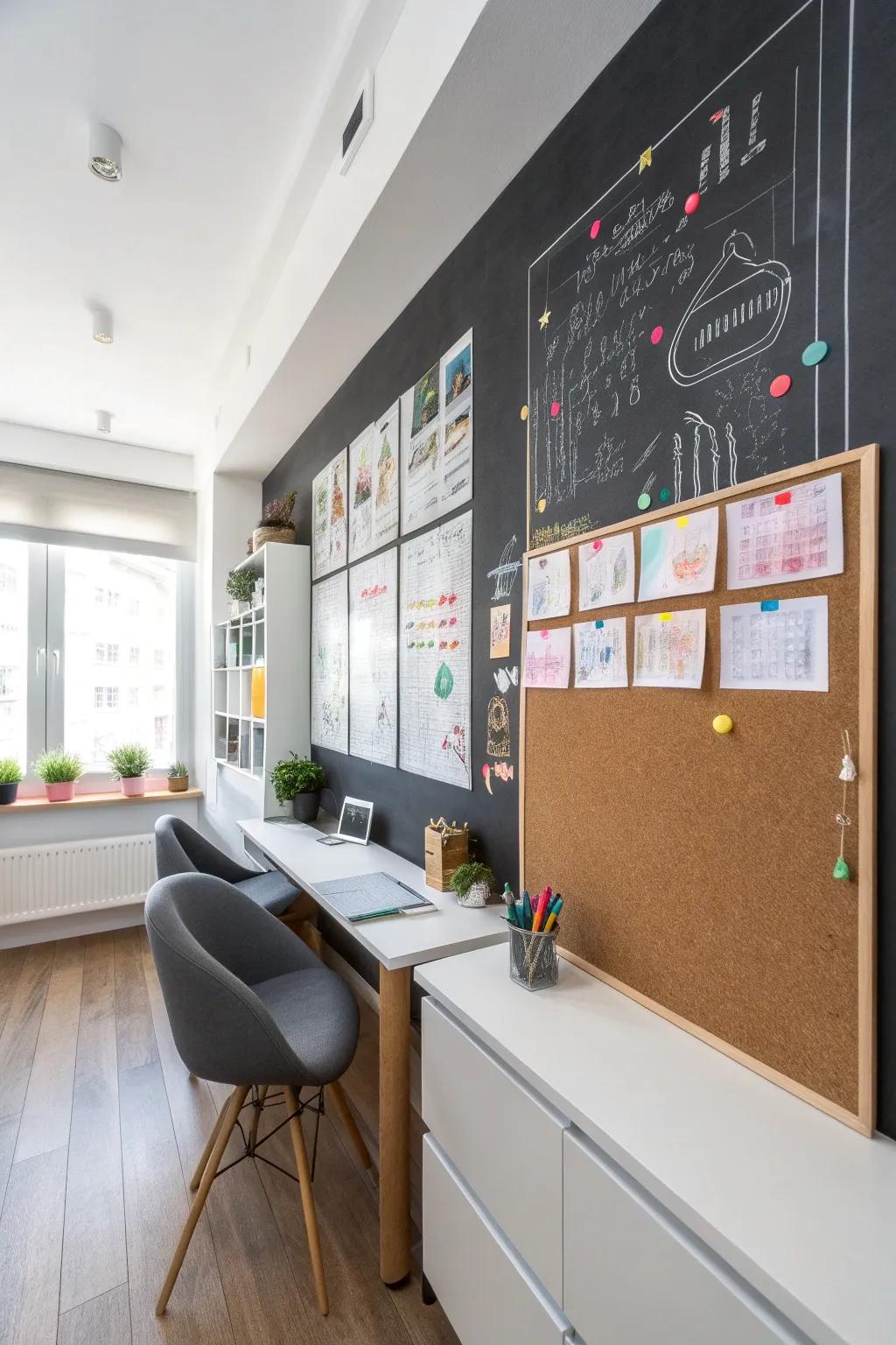 Achieve total organization with a combined chalkboard and corkboard.