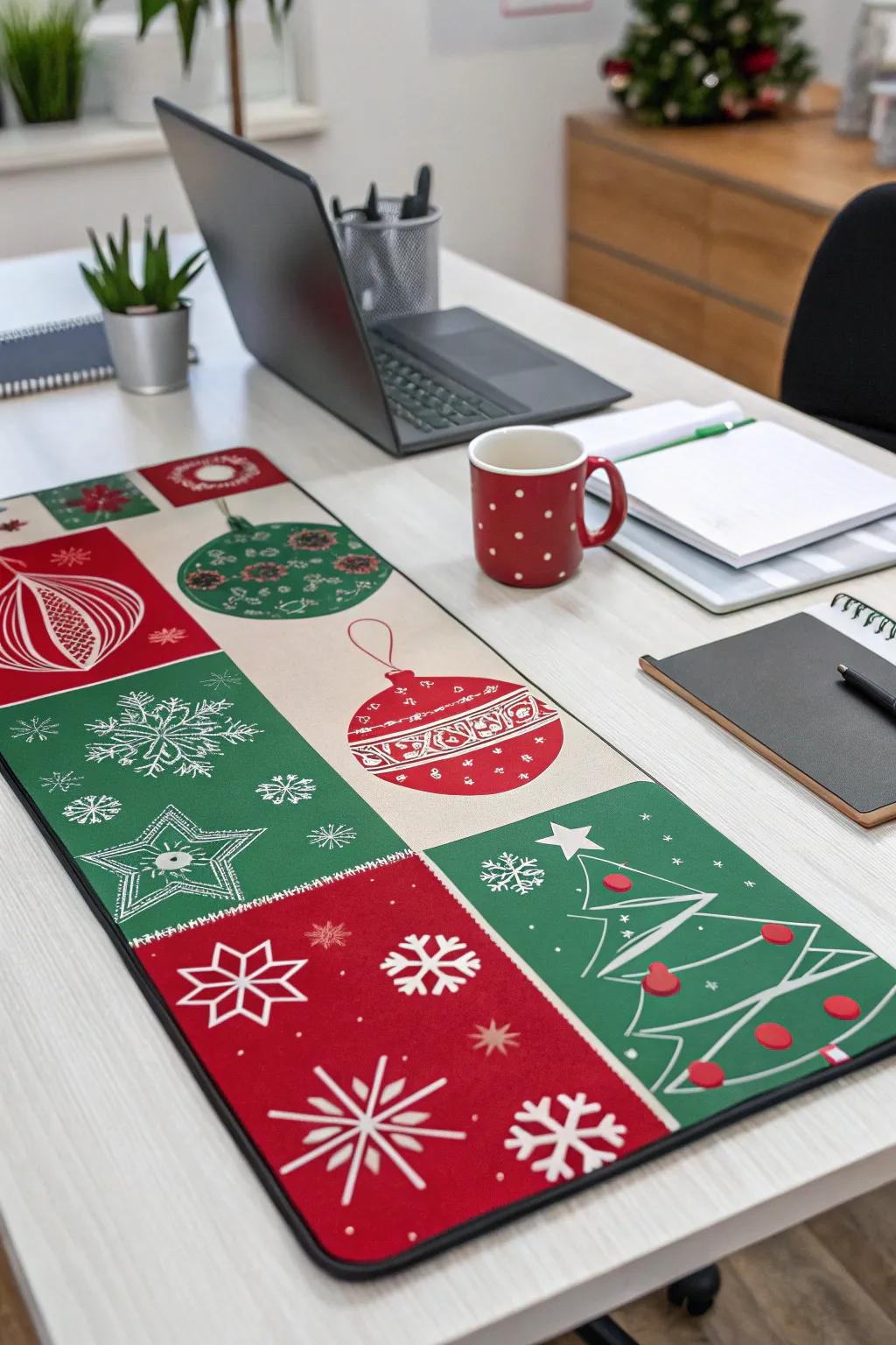 A themed desk protector adds a subtle festive cheer.