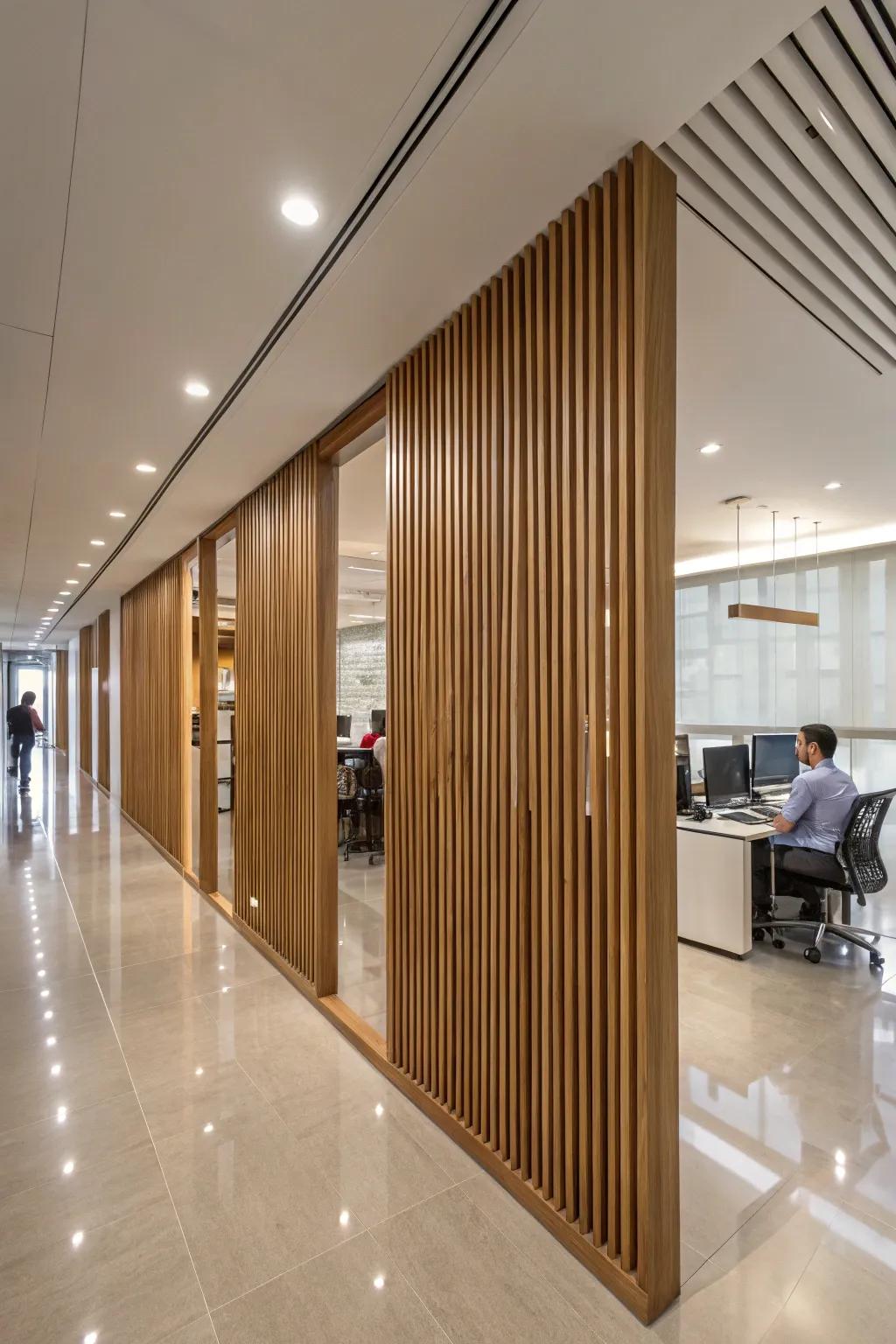 Wood paneling delivers a modern, natural flair to office separations.