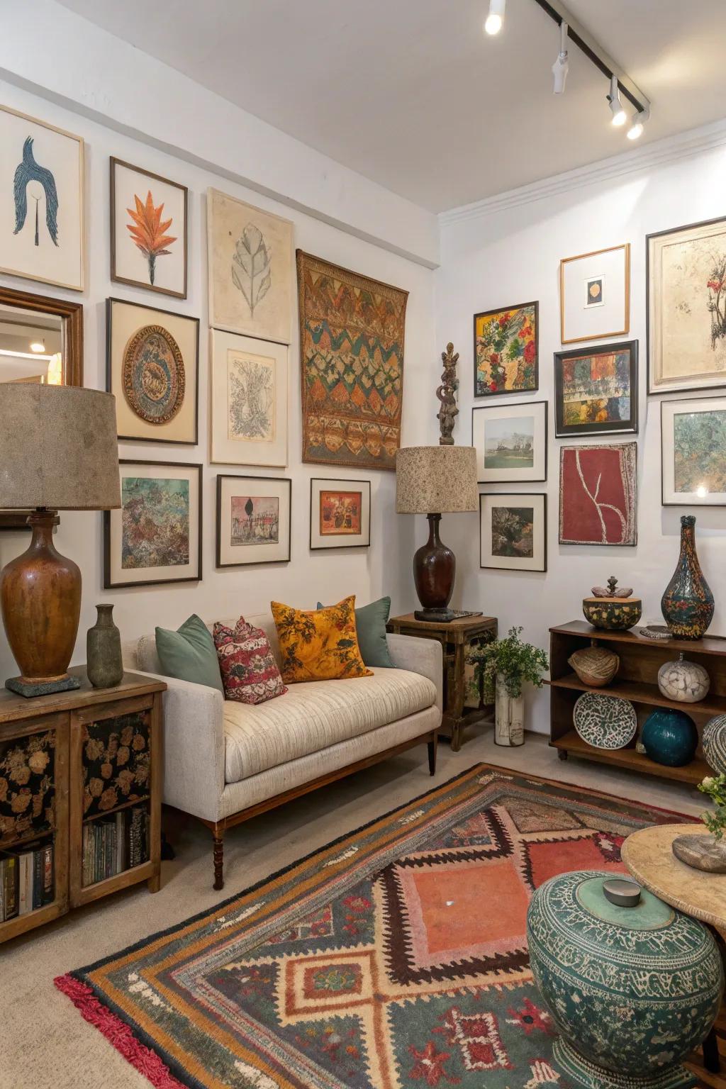 Art adds a personal and artistic touch to the room.