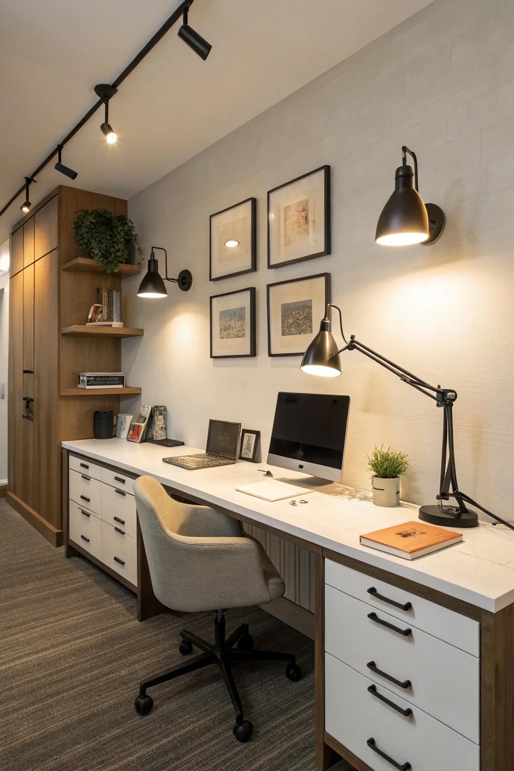 Adjustable lights providing functional task lighting.