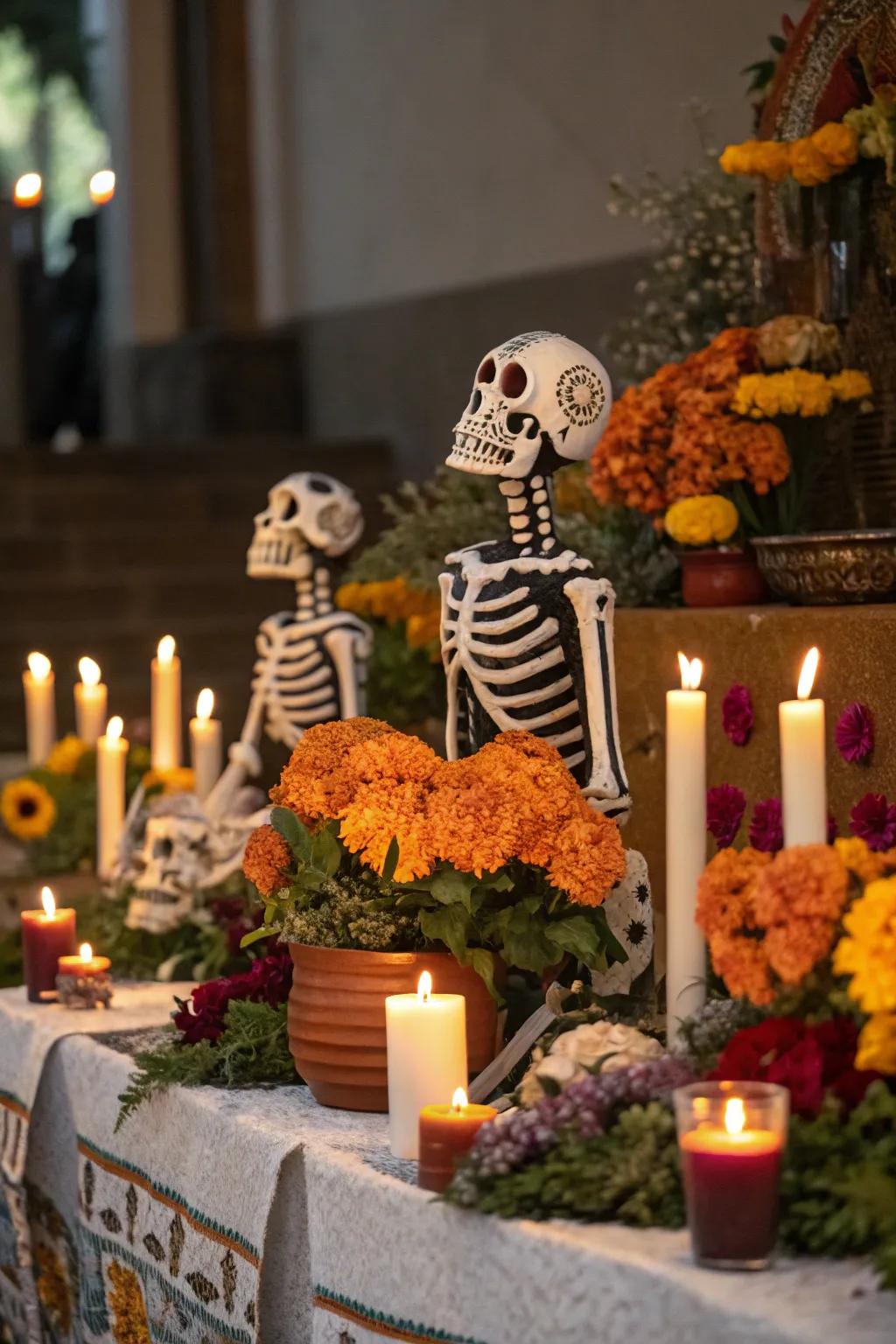 Skeleton figurines contribute charm and humor to your ofrenda.