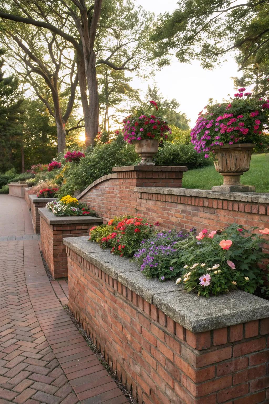 A sitting parapet with floral boxes introduces utility and beauty to the patio