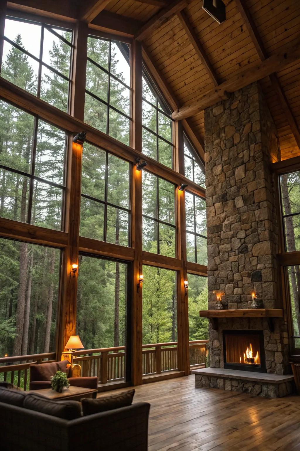 This rustic lodge interior has huge windows that look out on a stunning forest view.