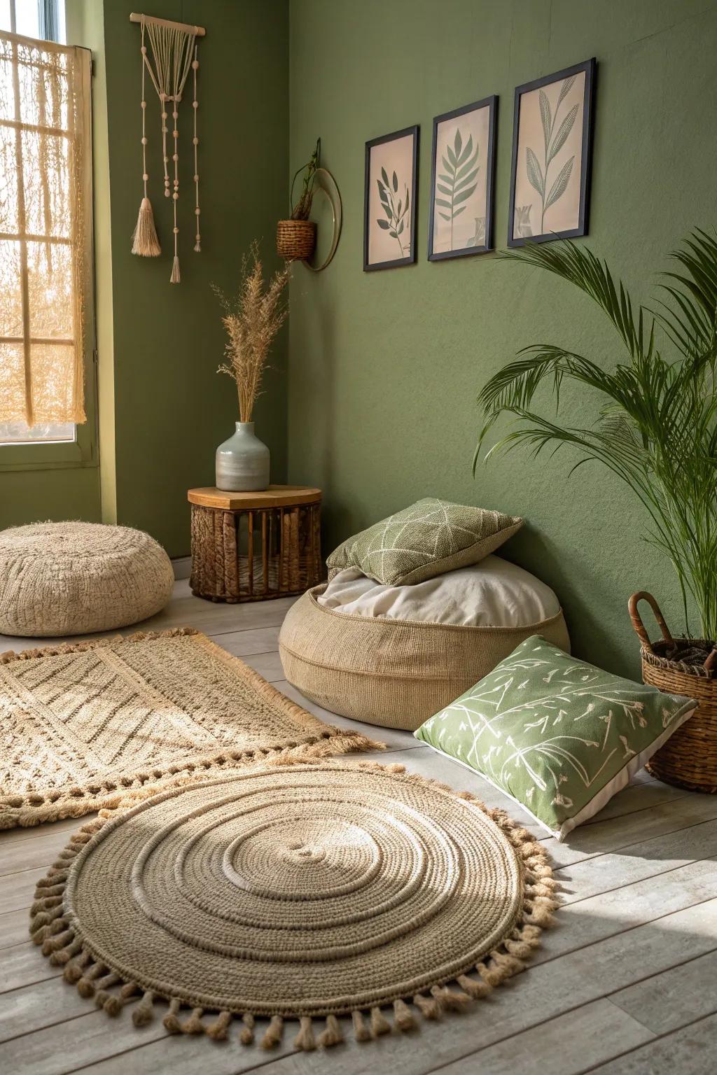 Textural elements enhance the coziness of forest green walls.