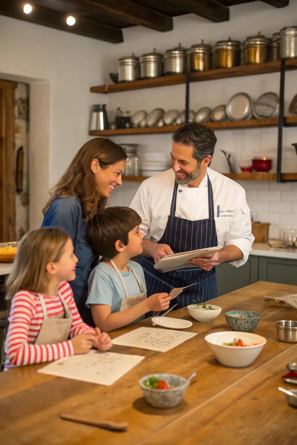 A family connecting over laughter and learning in a cooking class.