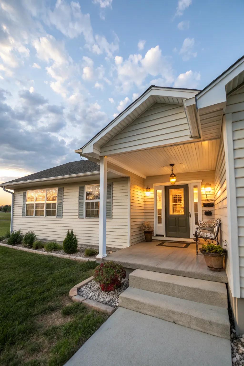 A welcoming porch, enhanced with charming siding, draws guests in.