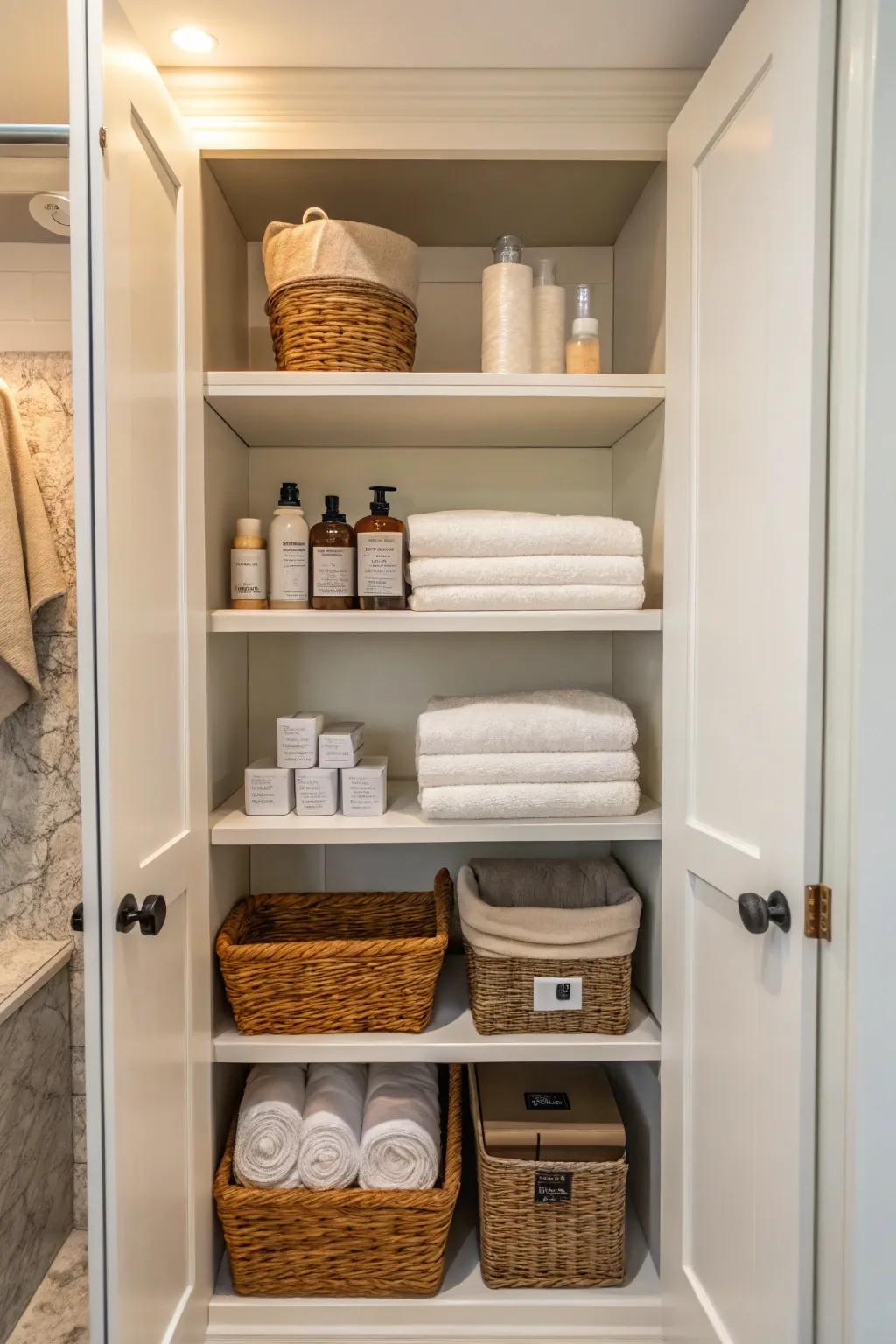 Keep essential toiletries on open shelves within easy reach.