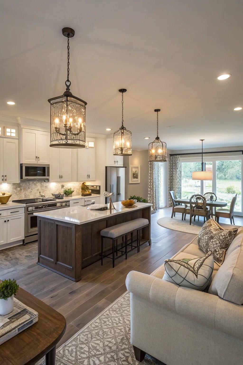 Stylish lighting fixtures add elegance and purpose to open spaces.