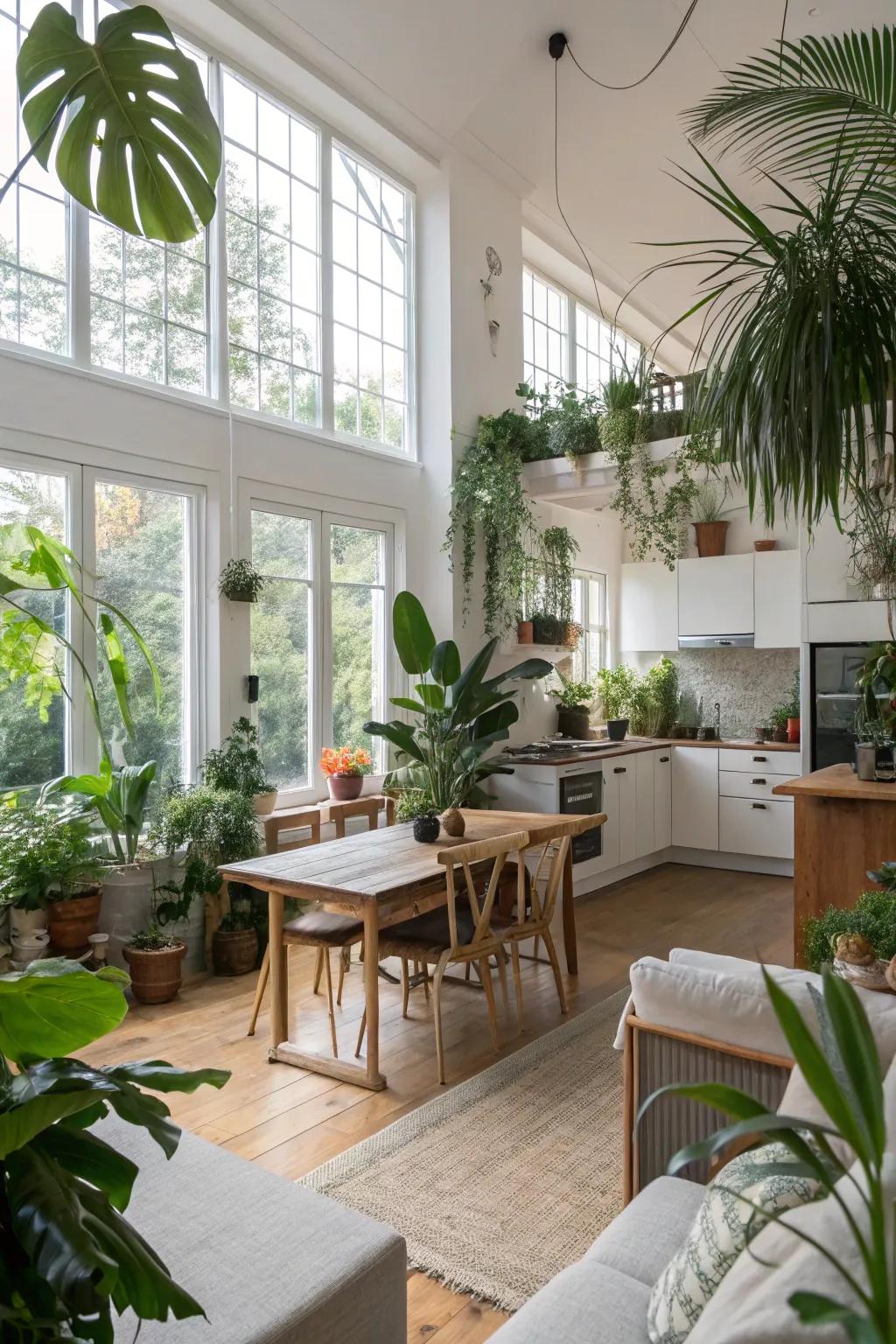Botanicals breathe life into an open kitchen and lounge.