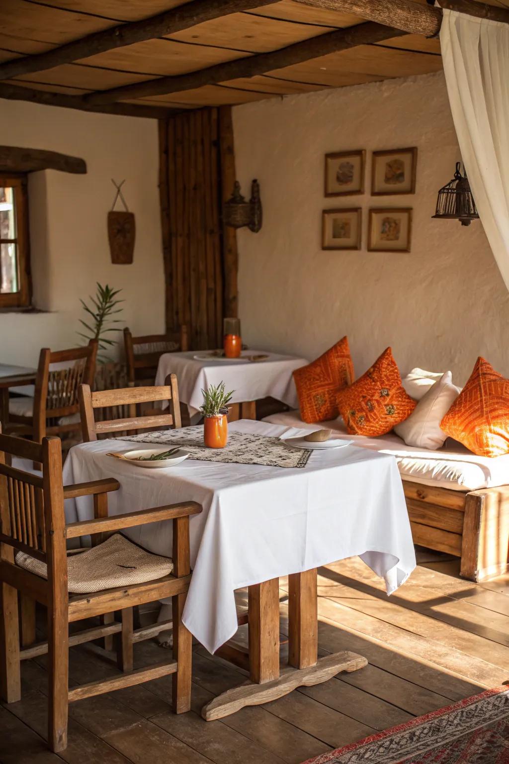 Rustic charm meets modern color with tangerine accents and wooden elements.