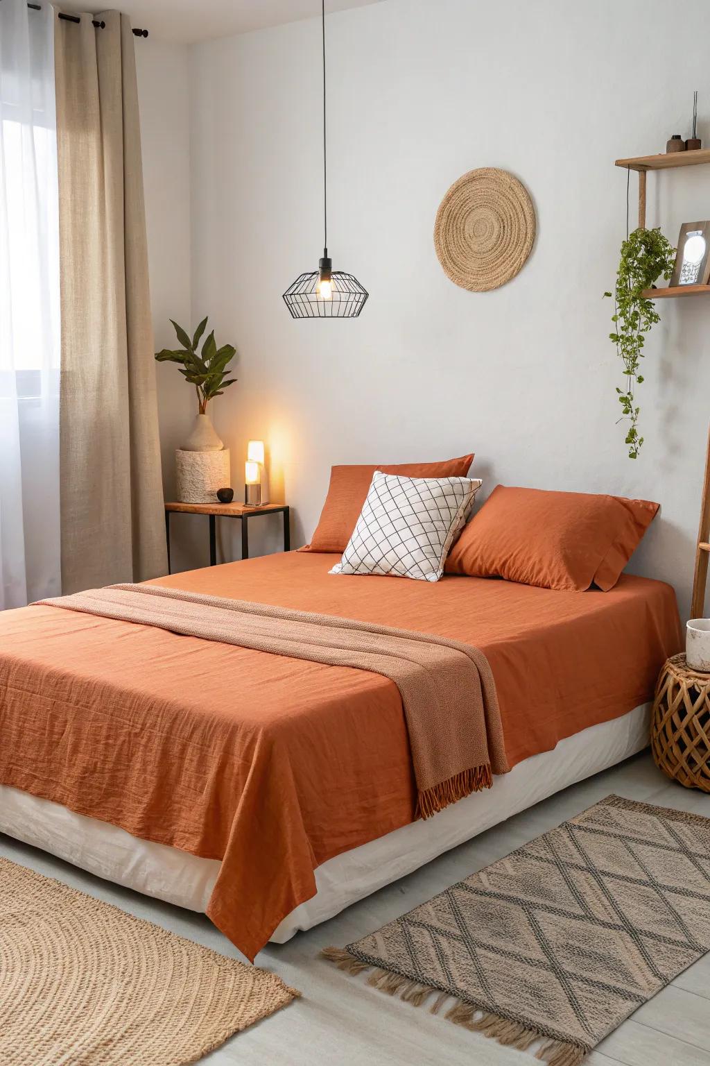 Refined amber bedding provides a gentle shade accent.
