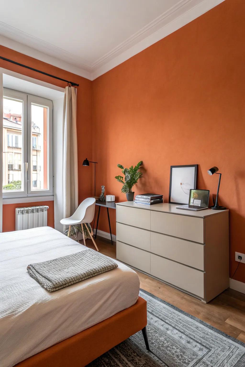 Simple design furniture enhances the boldness of orange walls.