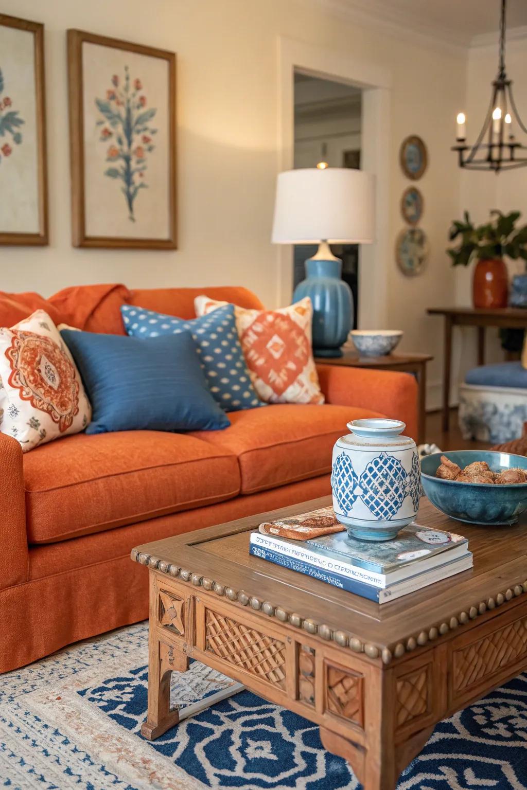 Blue and orange elements come together for a harmonious and stylish family room.