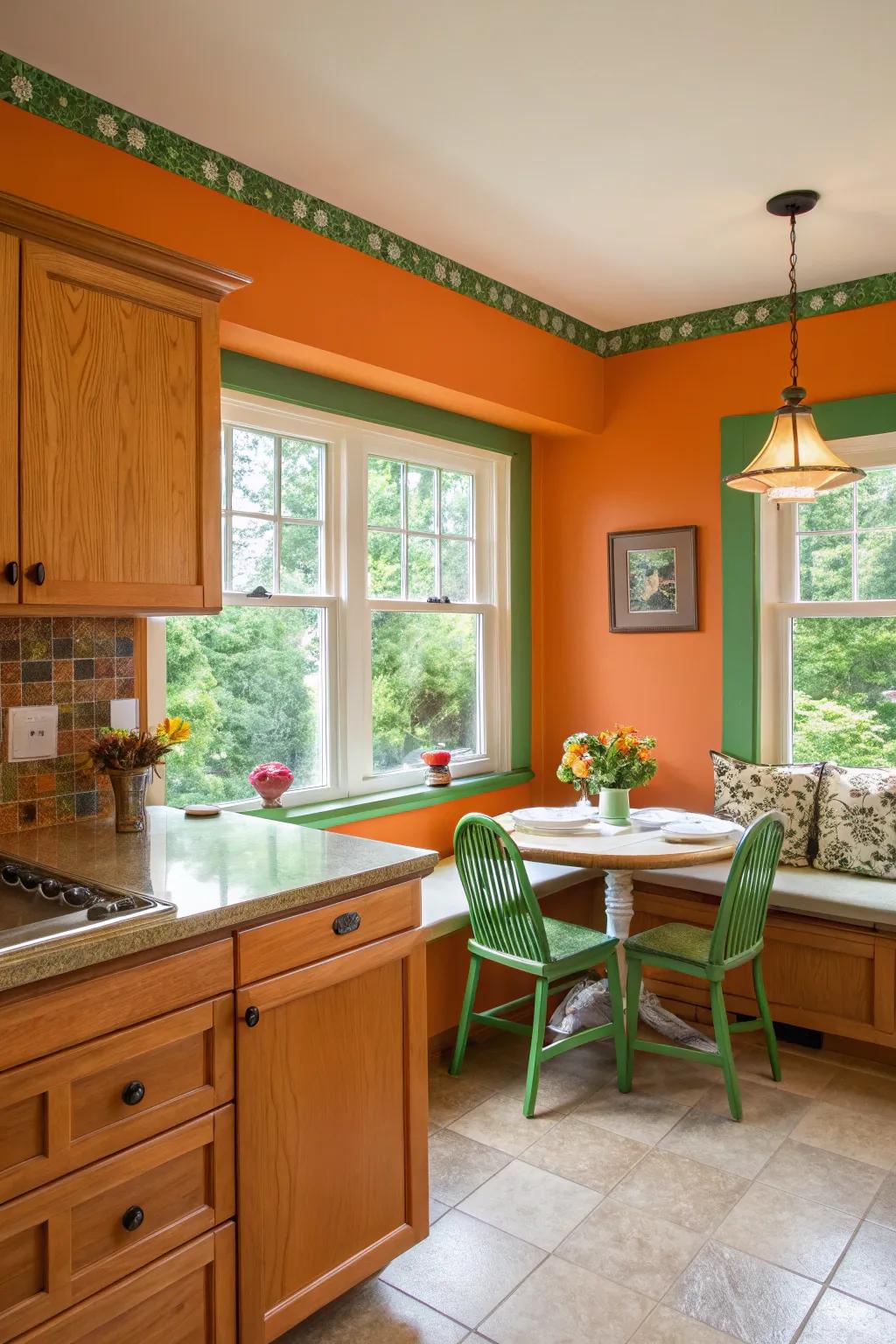 A kitchen that feels like a sunny garden with its orange and green palette.