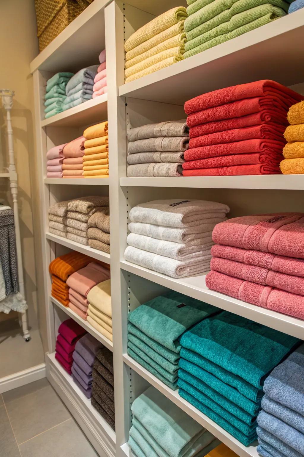 Color-coordinated linens fashion a sophisticated closet display
