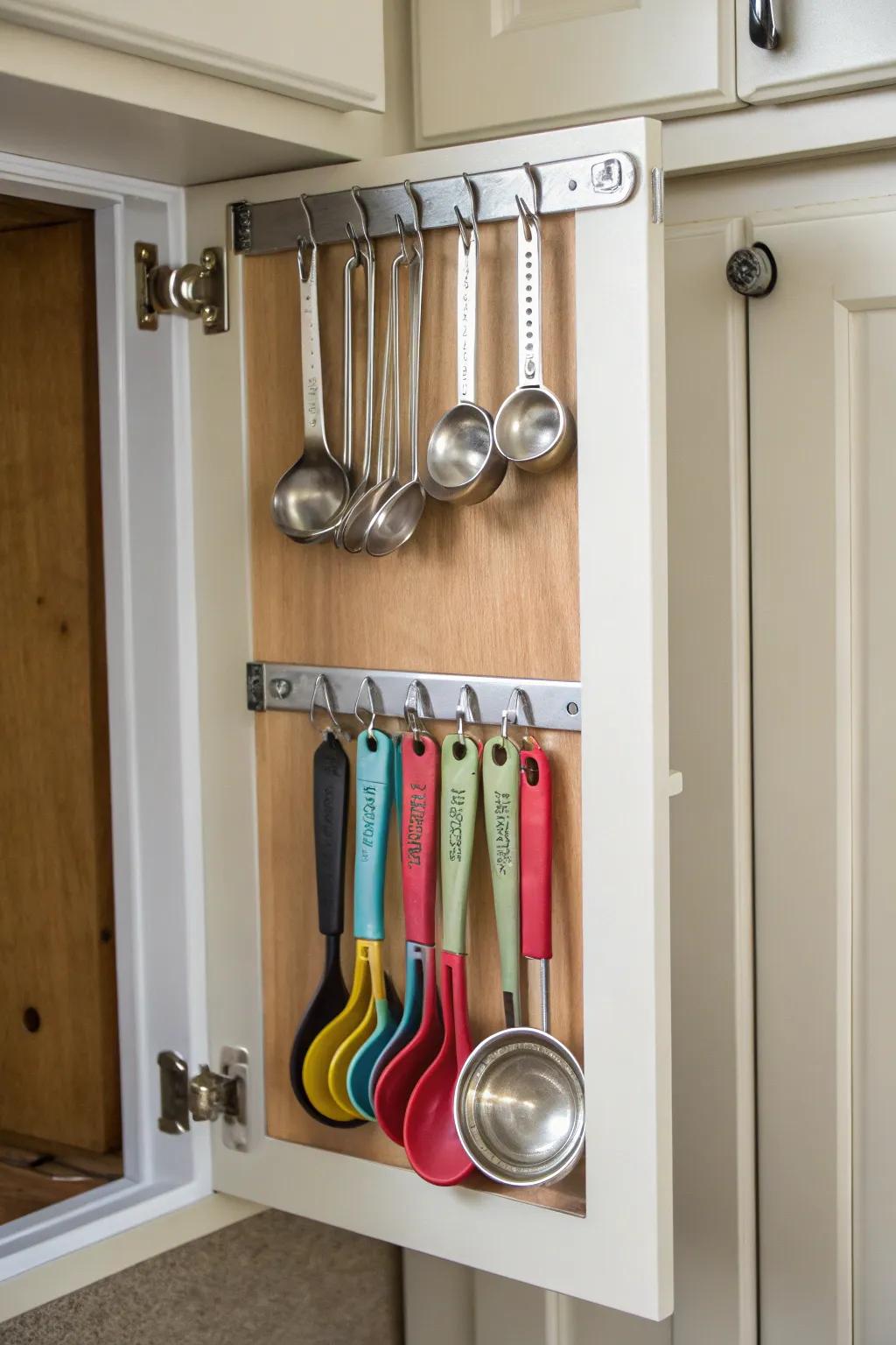 Cabinet door storage maximizes commonly overlooked space.