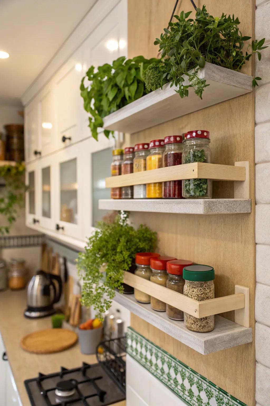 Shelves that appear to float enhance both storage and design in the cooking area.