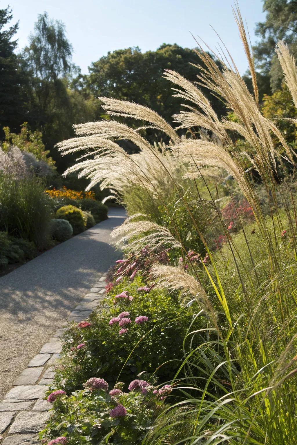 Tall grasses form striking focal points within the garden.