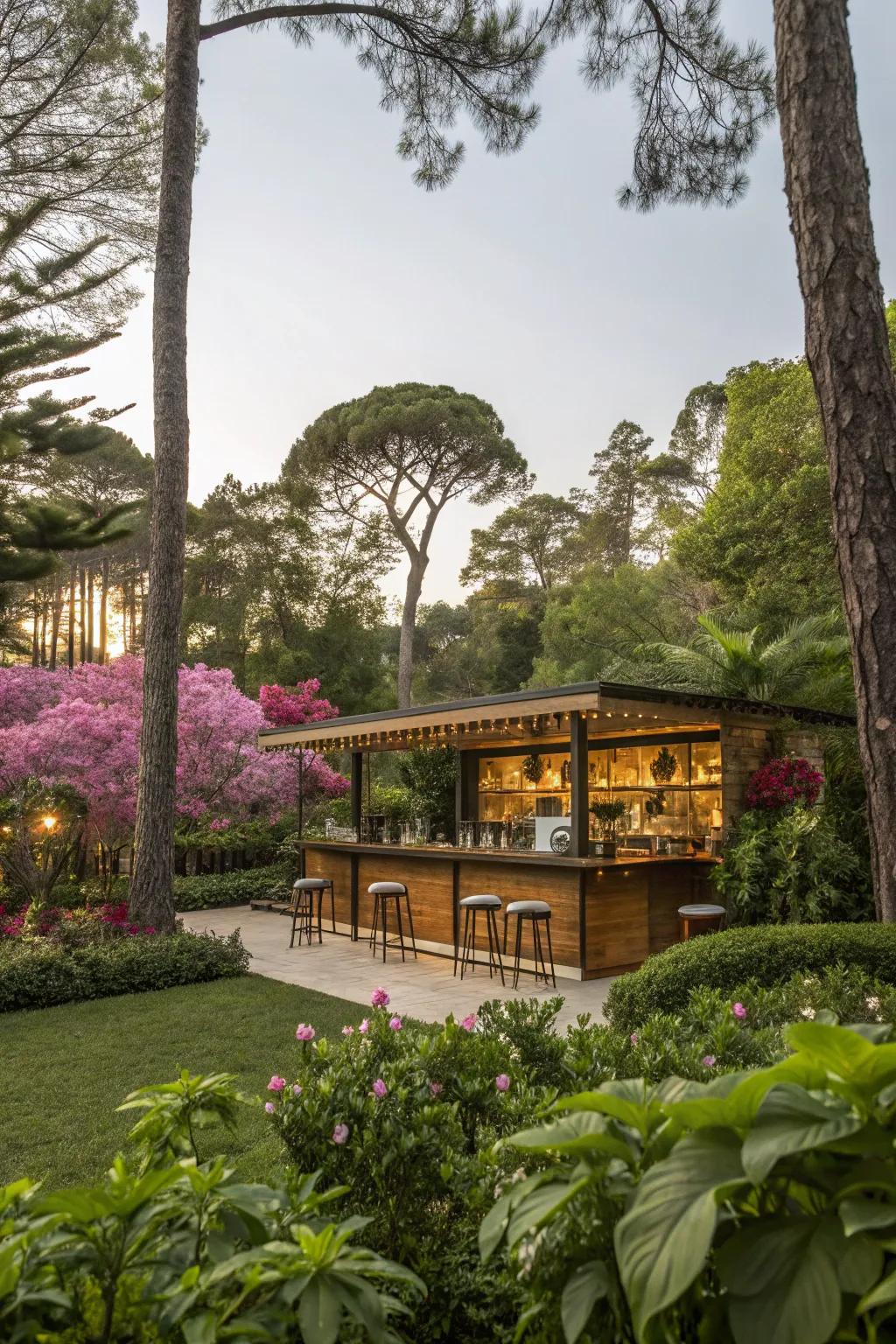 A garden-integrated bar offers a tranquil escape.