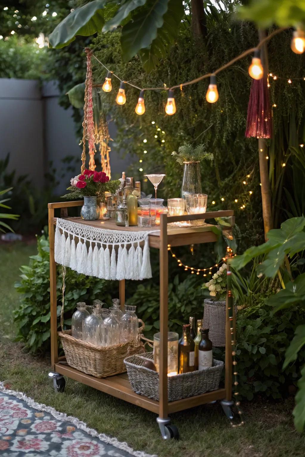 A boho bar trolley brings eclectic charm to your outdoor space.