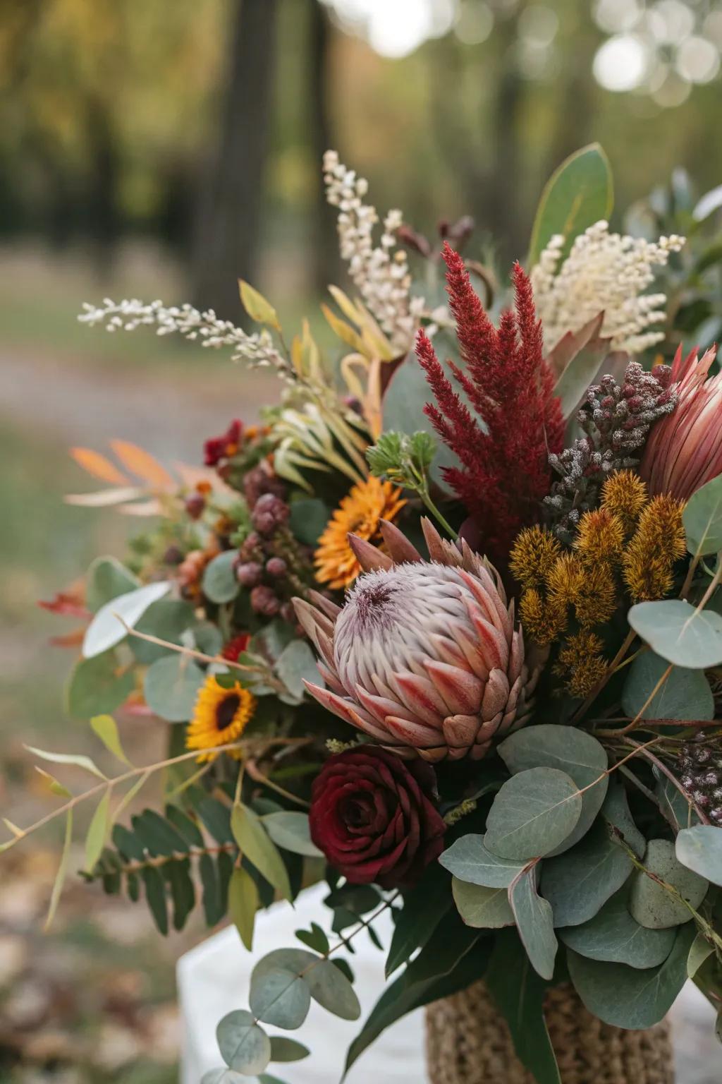 A textured flower arrangement highlighting a variety of foliage.
