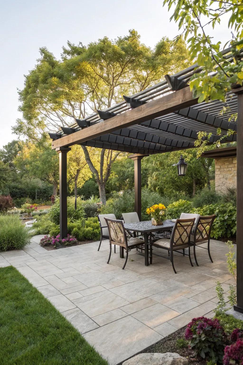 Garden structures lend shade and definition to open-air areas.