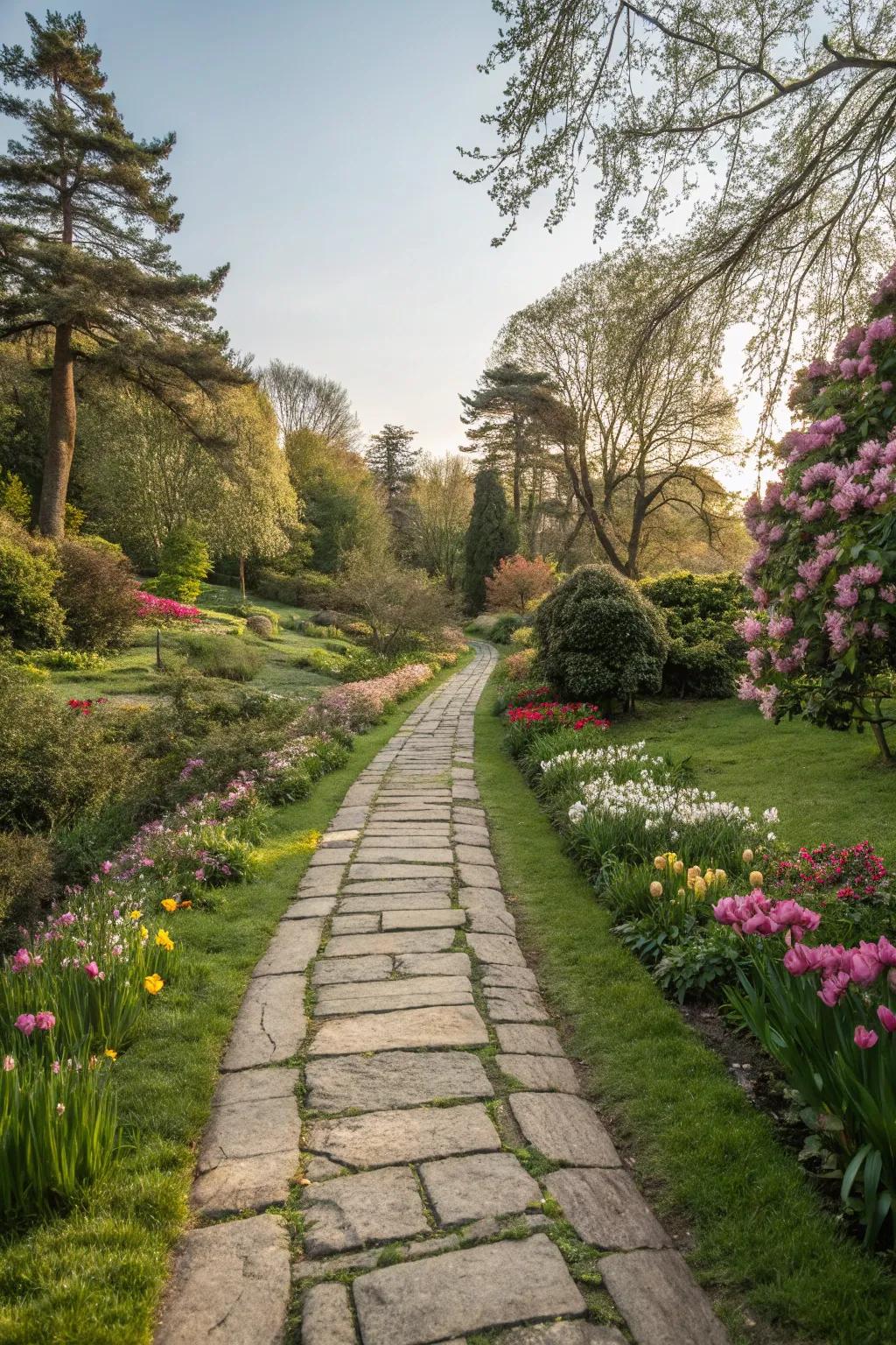 Stone pathways invite you to wander through the garden, encouraging exploration and discovery.
