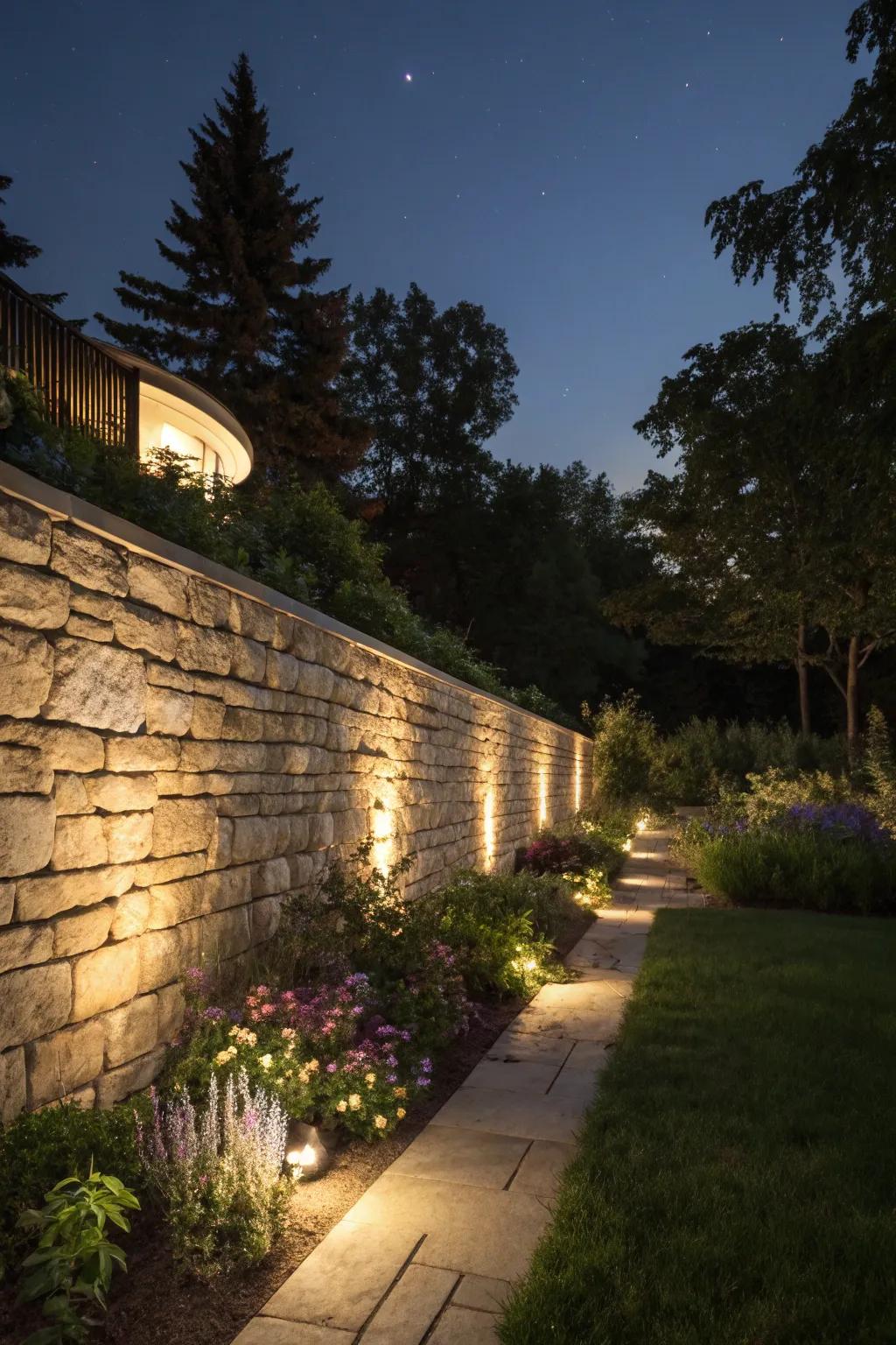 Lighting enhances both the beauty and safety of stone walls in the dark.